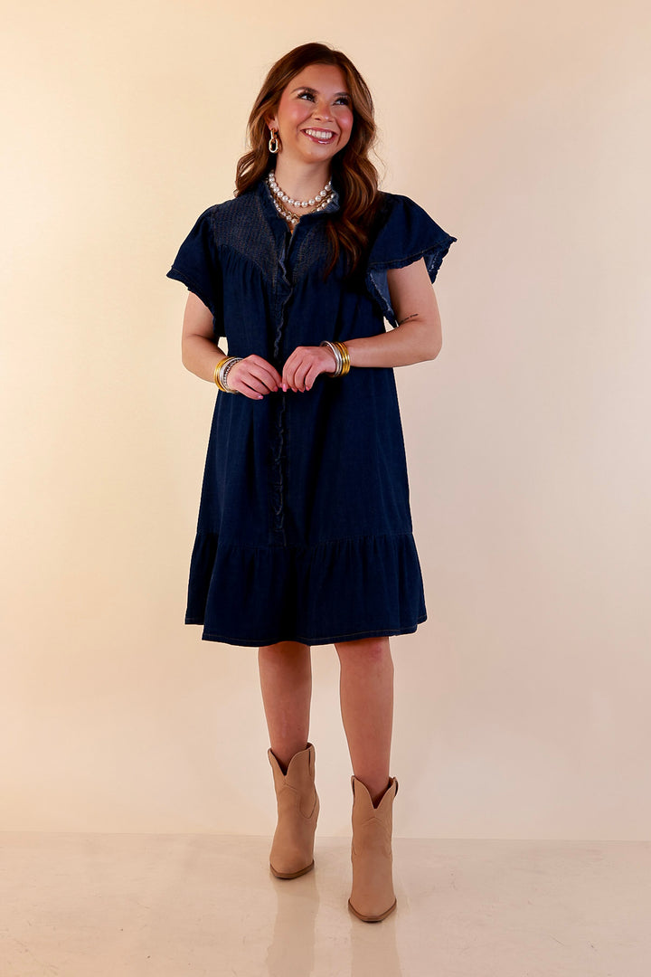 Day to Day Denim Smocked Yoke Dress with Ruffle Front and Flutter Sleeves in Dark Wash