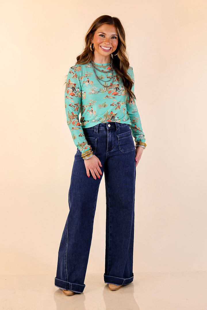 Western Dream Cowboy Cattle Drive Print Long Sleeve Mesh Top in Turquoise Blue