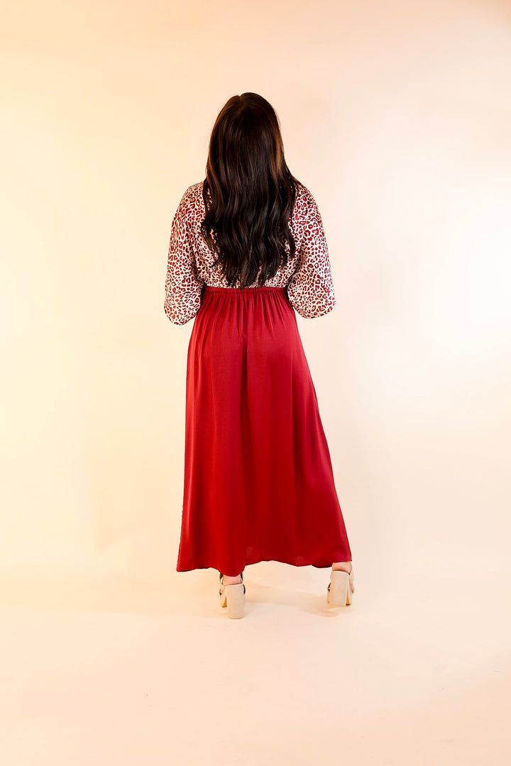 Take My Breath Away Front Knot Leopard Print Block Midi Dress in Maroon
