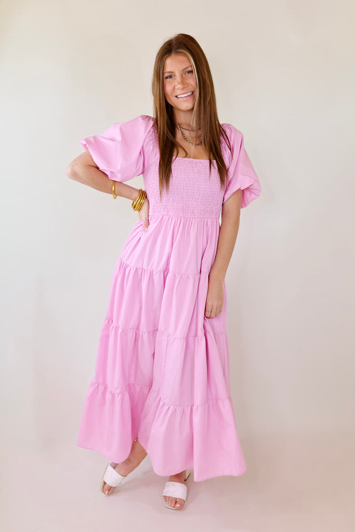 Santorini Sunshine Short Balloon Sleeve Maxi Dress in Light Pink - Giddy Up Glamour Boutique
