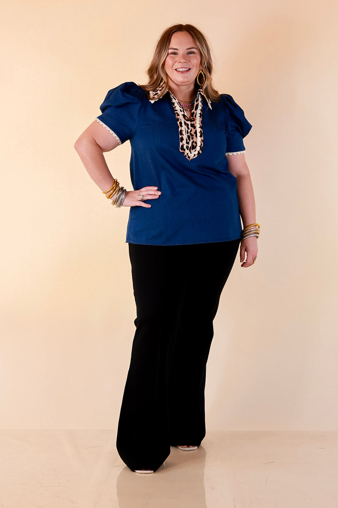 Chic in Command Contrast Leopard Print Trim with Ruffle Detailing Puff Sleeve Top in Denim