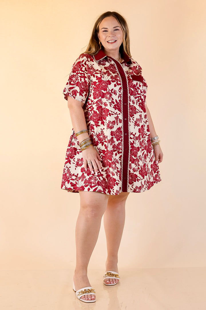 Chic Perspective Collared Button Up Floral Toile Shift Dress in Maroon