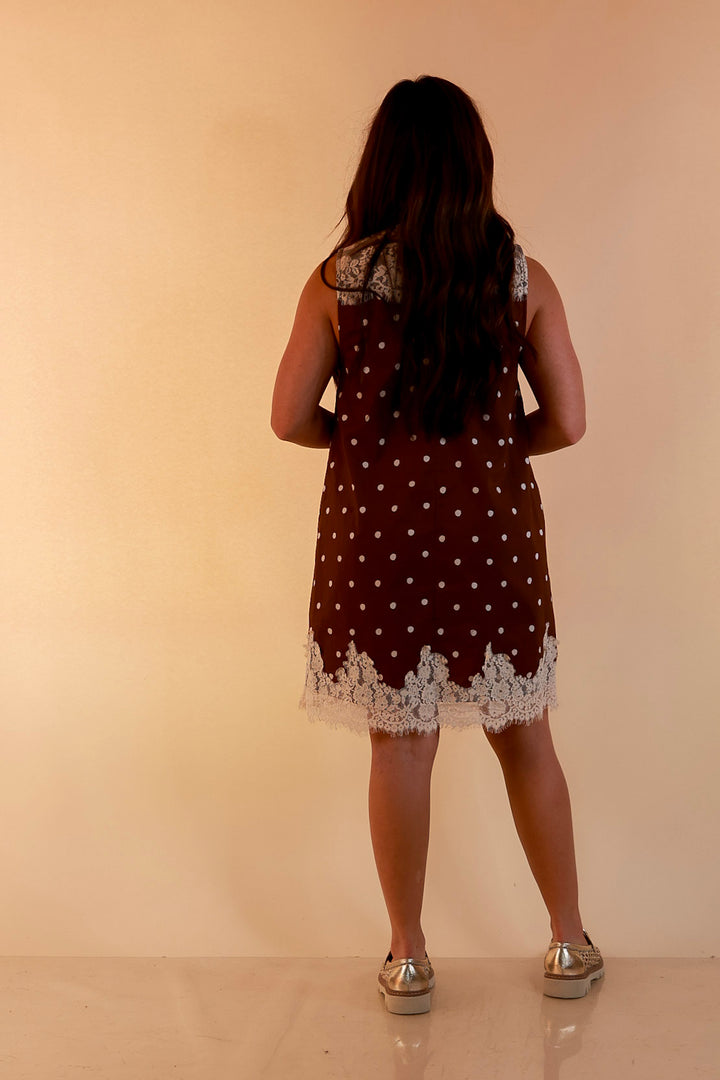 Lovely Little Details Polka Dot Lace Trim Sleeveless Shift Dress in Chocolate Brown and Ivory