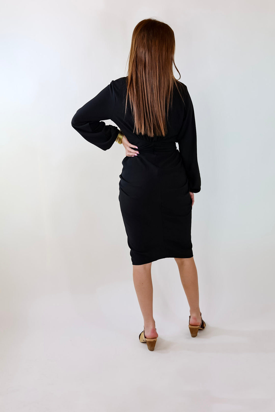 Heart On The Line Button Up Ruched Front Midi Dress with Waist Tie in Black - Giddy Up Glamour Boutique