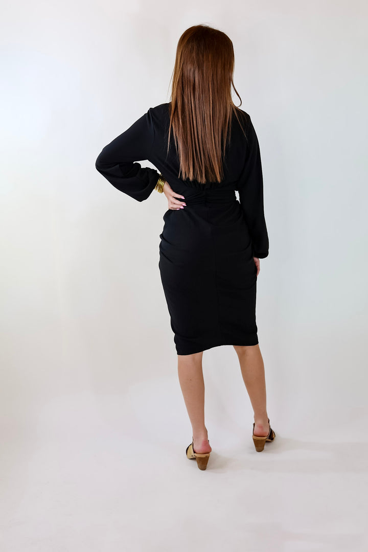 Heart On The Line Button Up Ruched Front Midi Dress with Waist Tie in Black - Giddy Up Glamour Boutique