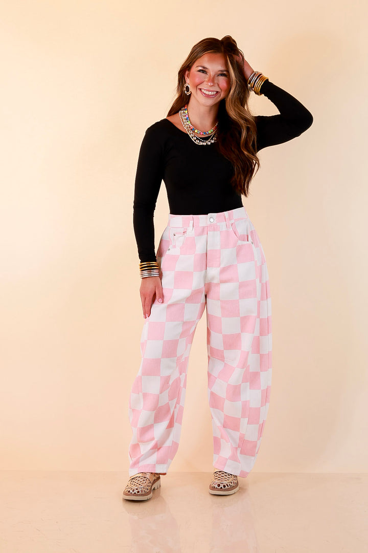 Check Me Out Wide Leg Checkered Print Barrel Denim Jean in Pink