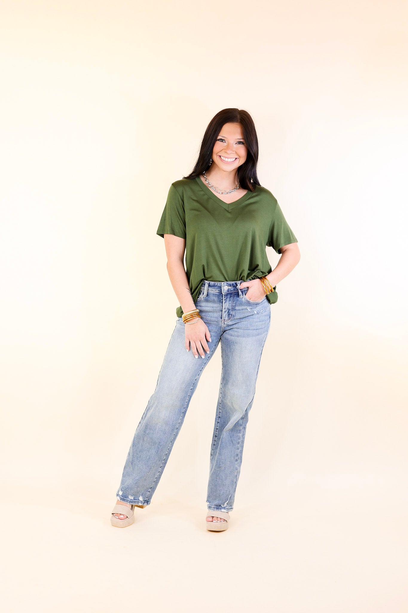 It's That Simple Solid V Neck Tee in Fern Green