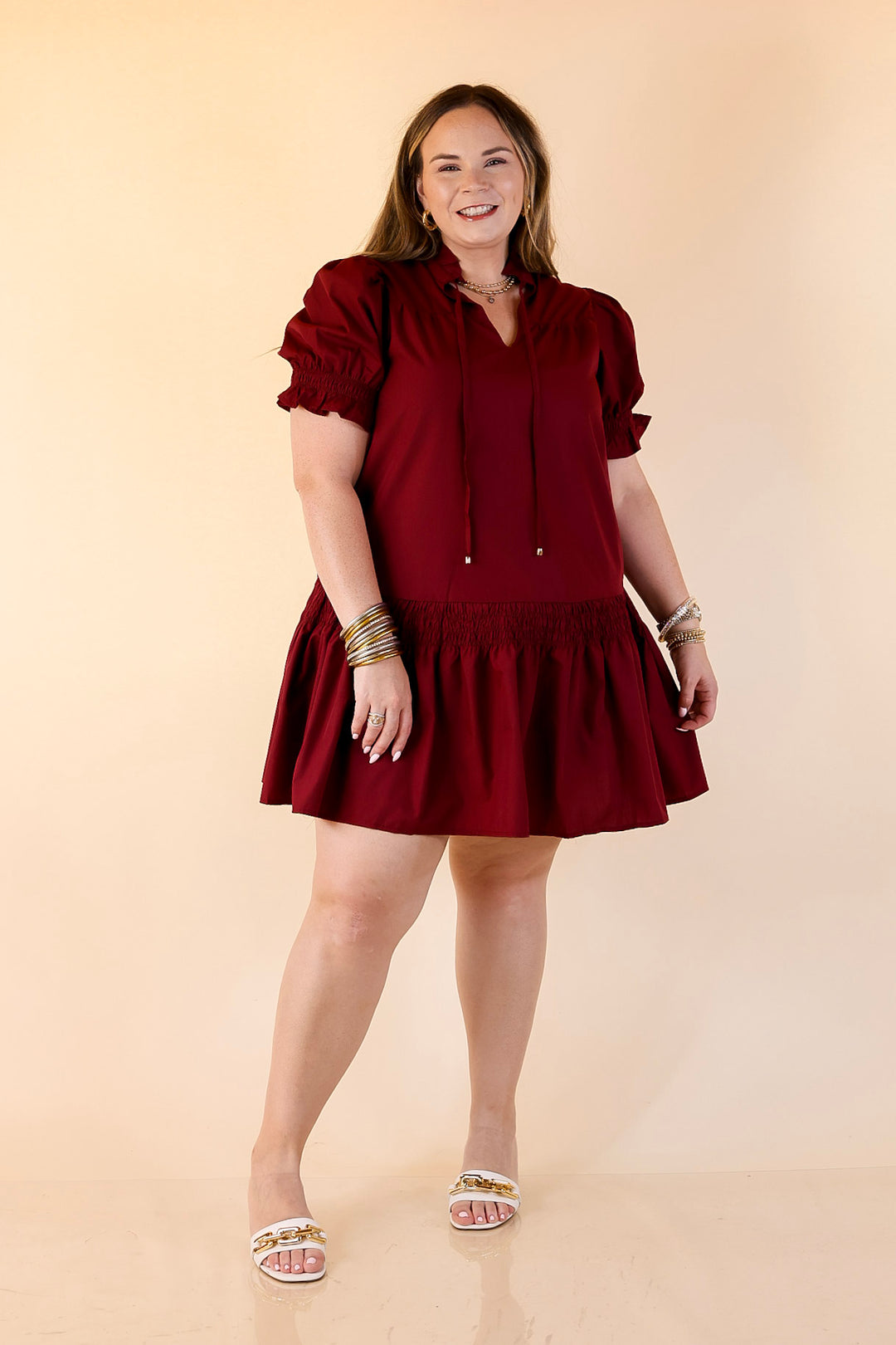 Sugar and Chic Peplum Solid Dress with Puff Sleeves in Maroon