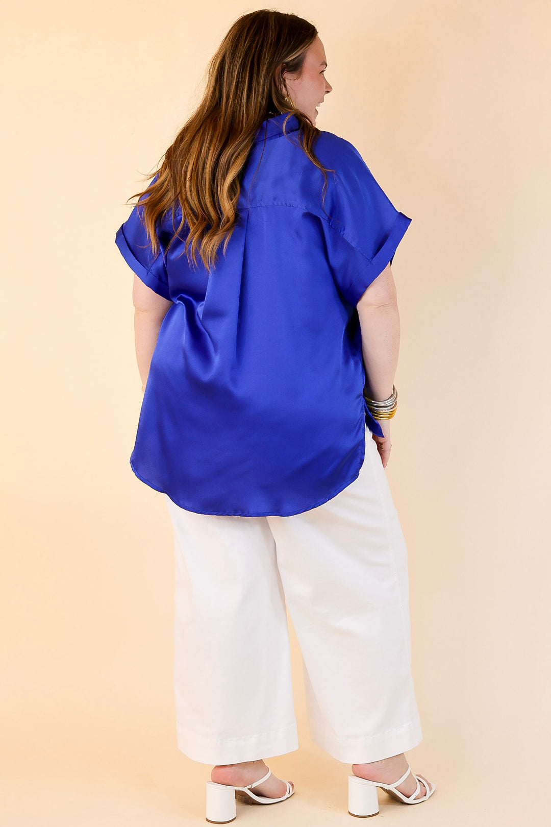 Free To Be Fab Button Up Short Sleeve Top in Royal Blue