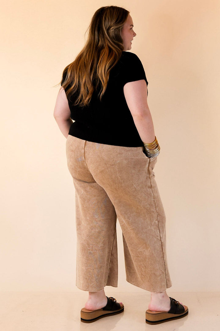 Cozy Girl Cropped Acid Washed Drawstring Pant in Caramel Brown