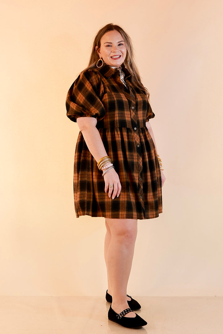 Adventures Ahead Plaid Button Up Babydoll Dress in Camel Brown