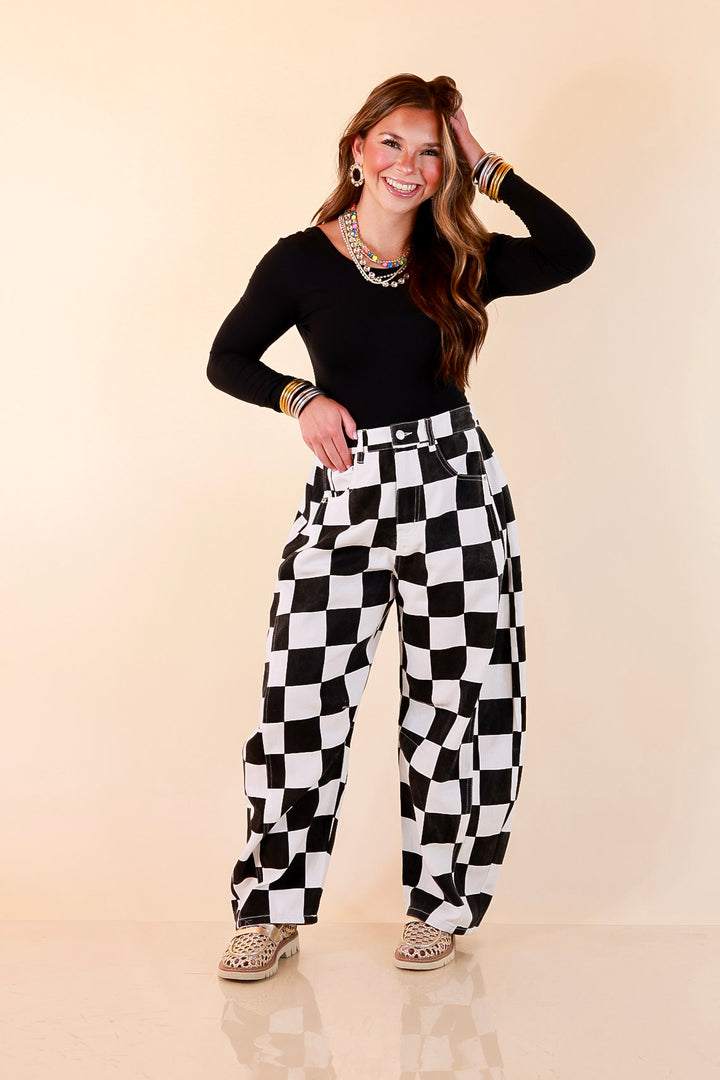 Check Me Out Wide Leg Checkered Print Barrel Denim Jean in Black