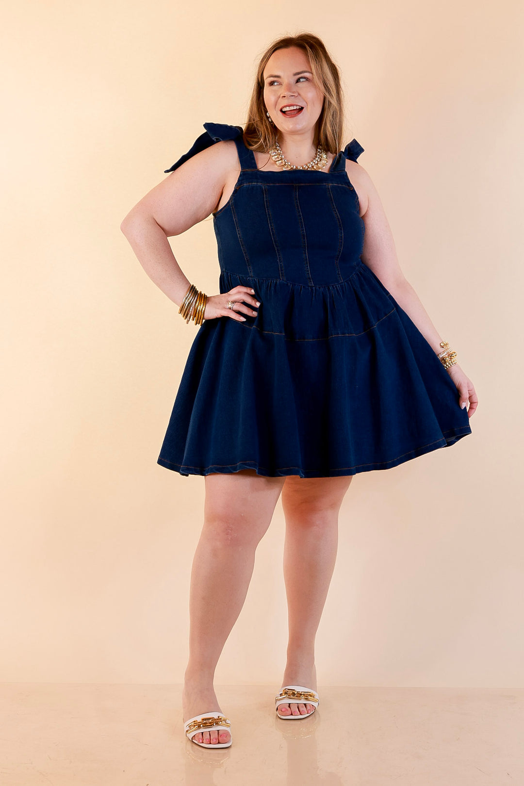 Denim Daydream Tie Shoulder Square Neck Tiered Corset Denim Mini Dress in Dark Wash