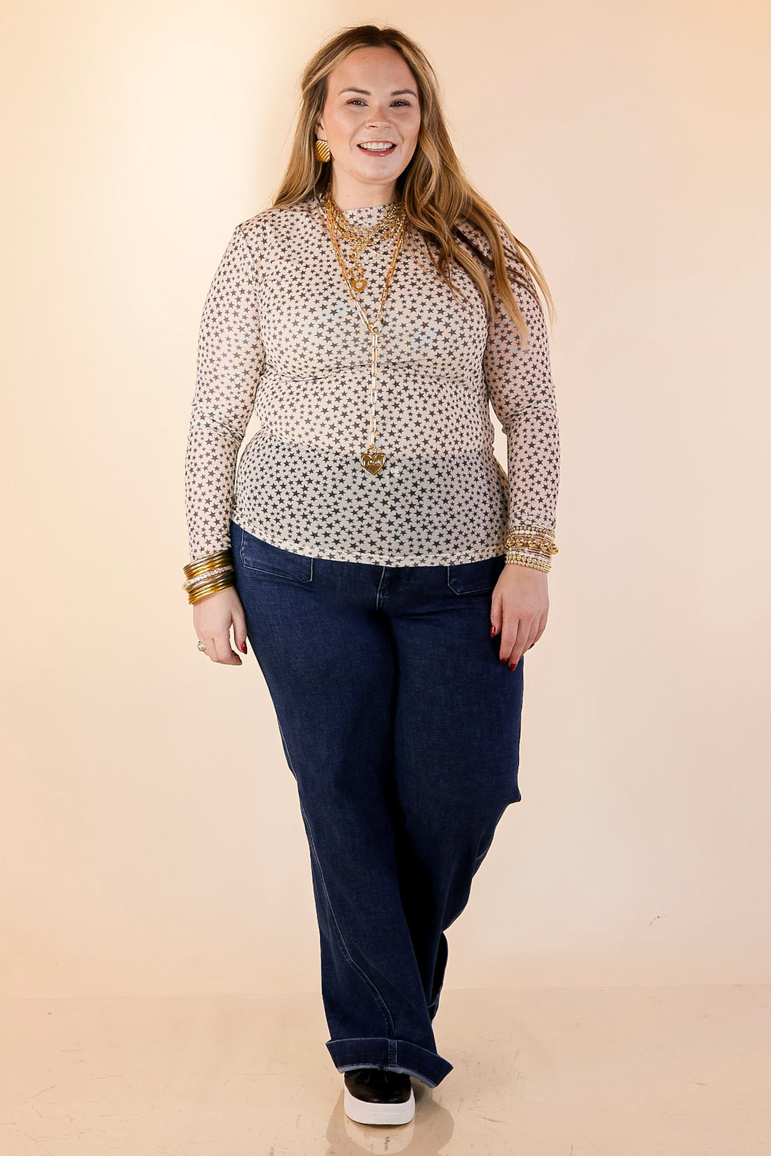 Western Dream Black Star Print Mesh Long Sleeve Top in Ivory