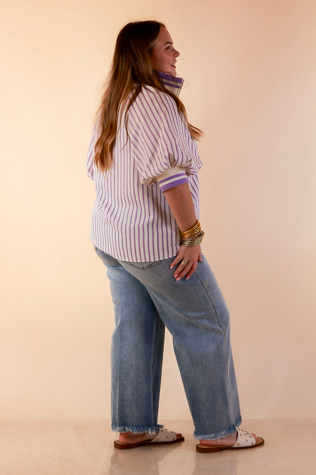 Bold Instincts Striped Print Half Zip Top with Puff Sleeves in Lavender Purple and Ivory