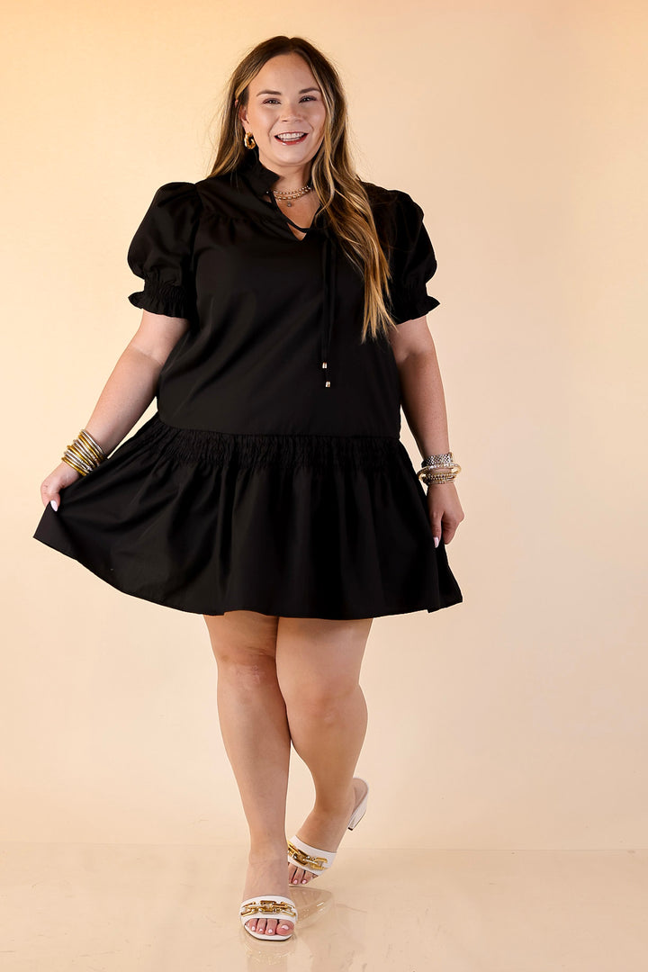 Sugar and Chic Peplum Solid Dress with Puff Sleeves in Black