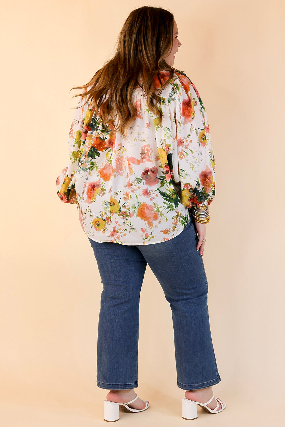 Hampton Hideout Floral Blouse with Keyhole and Tie Neckline in Off White