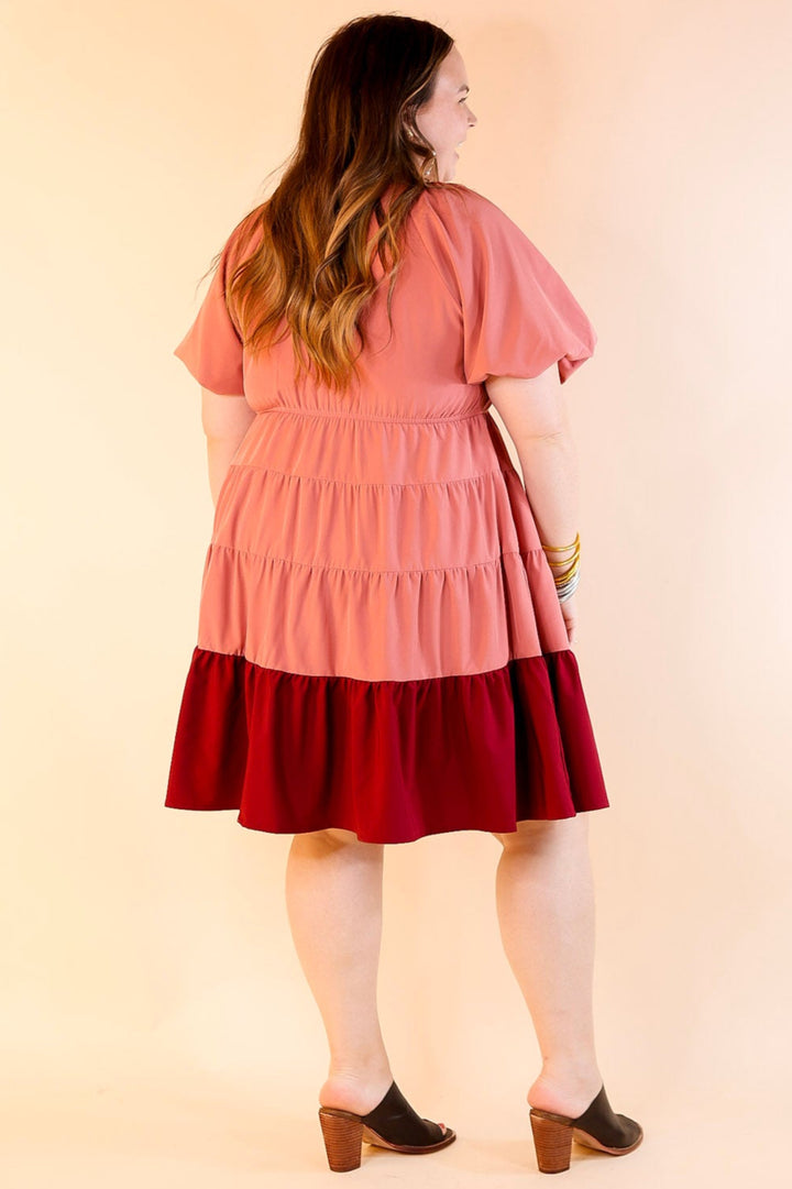 Trendy City Puff Sleeve Tiered Dress with Pink Hemline in Rose Pink
