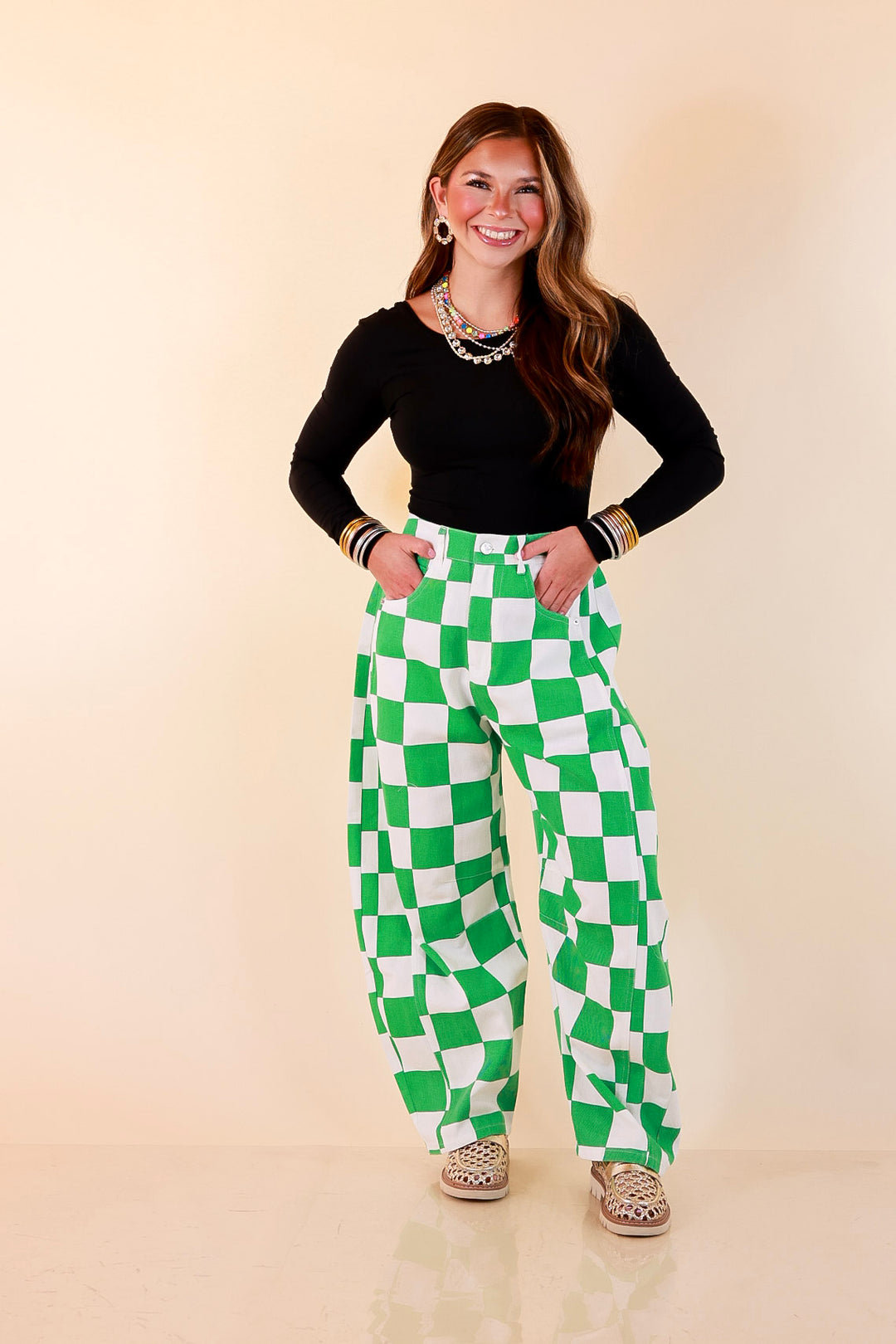 Check Me Out Wide Leg Checkered Print Barrel Denim Jean in Green