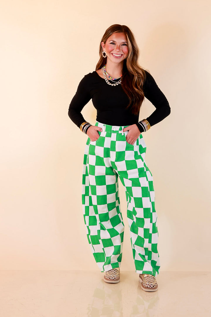 Check Me Out Wide Leg Checkered Print Barrel Denim Jean in Green