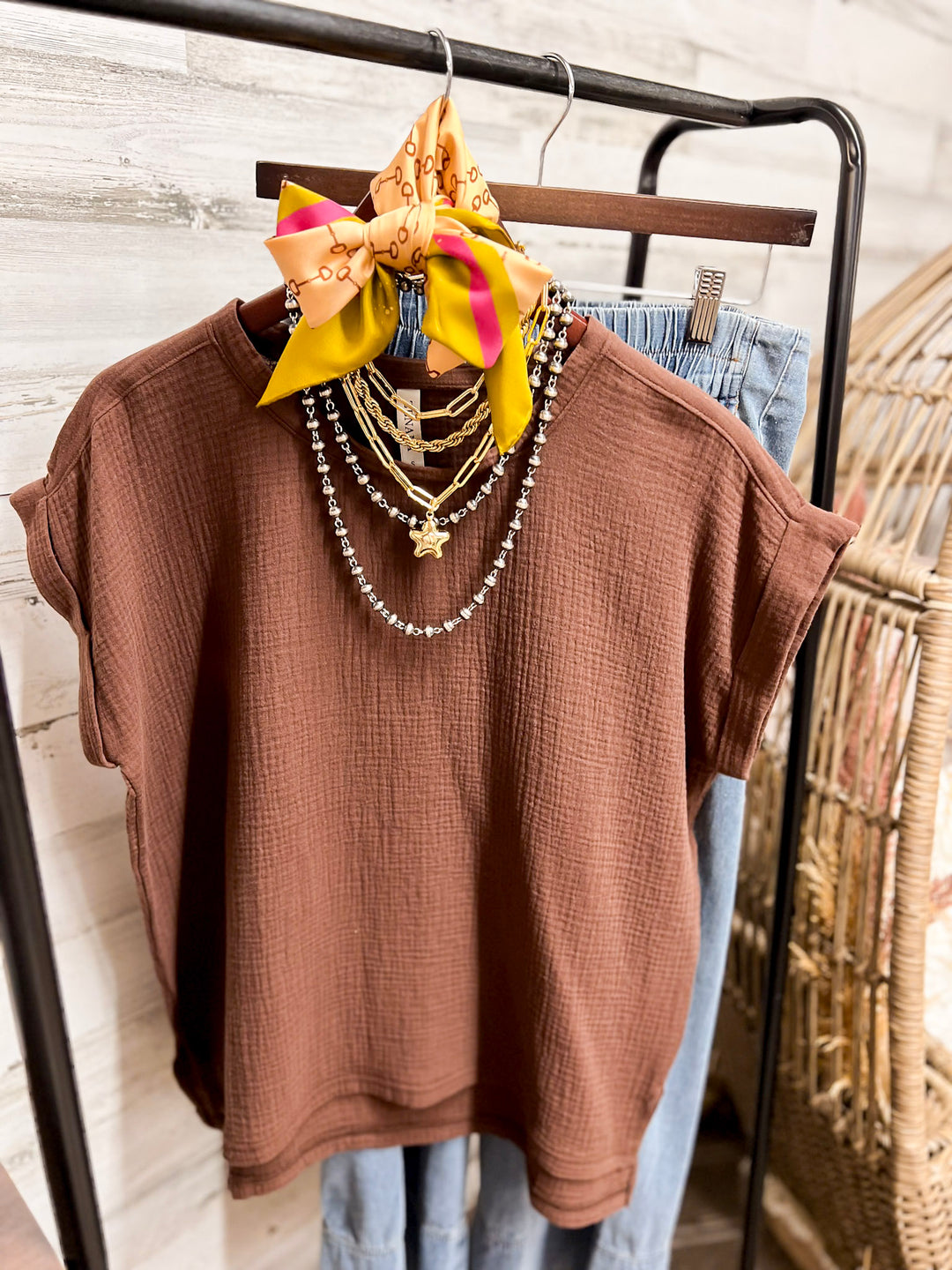 Always Appropriate Short Sleeve Linen Top with Rolled Sleeve Detail in Chocolate Brown