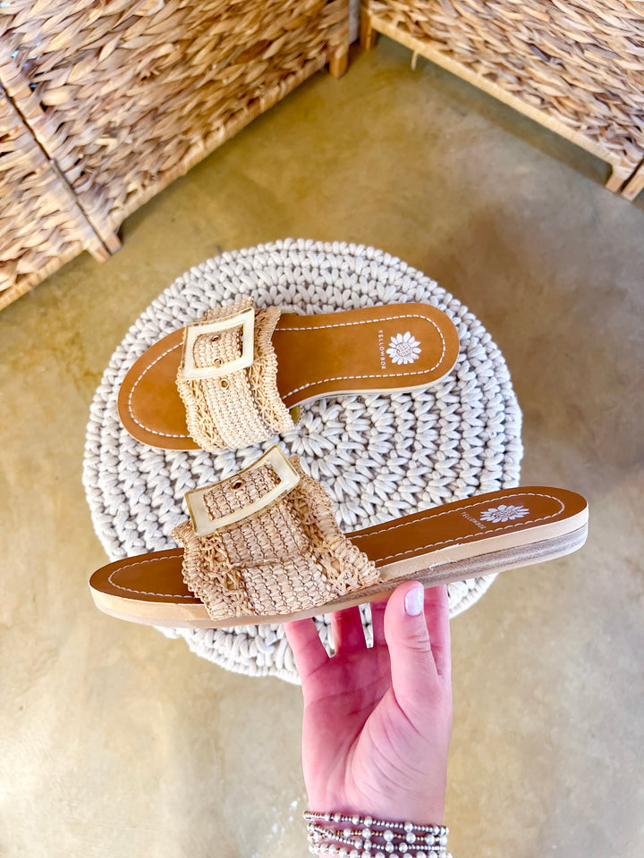 Yellow Box | Hamlyn Raffia Buckle Slide Sandals in Natural