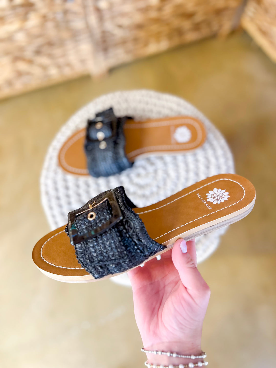 Yellow Box | Hamlyn Raffia Buckle Slide Sandals in Black
