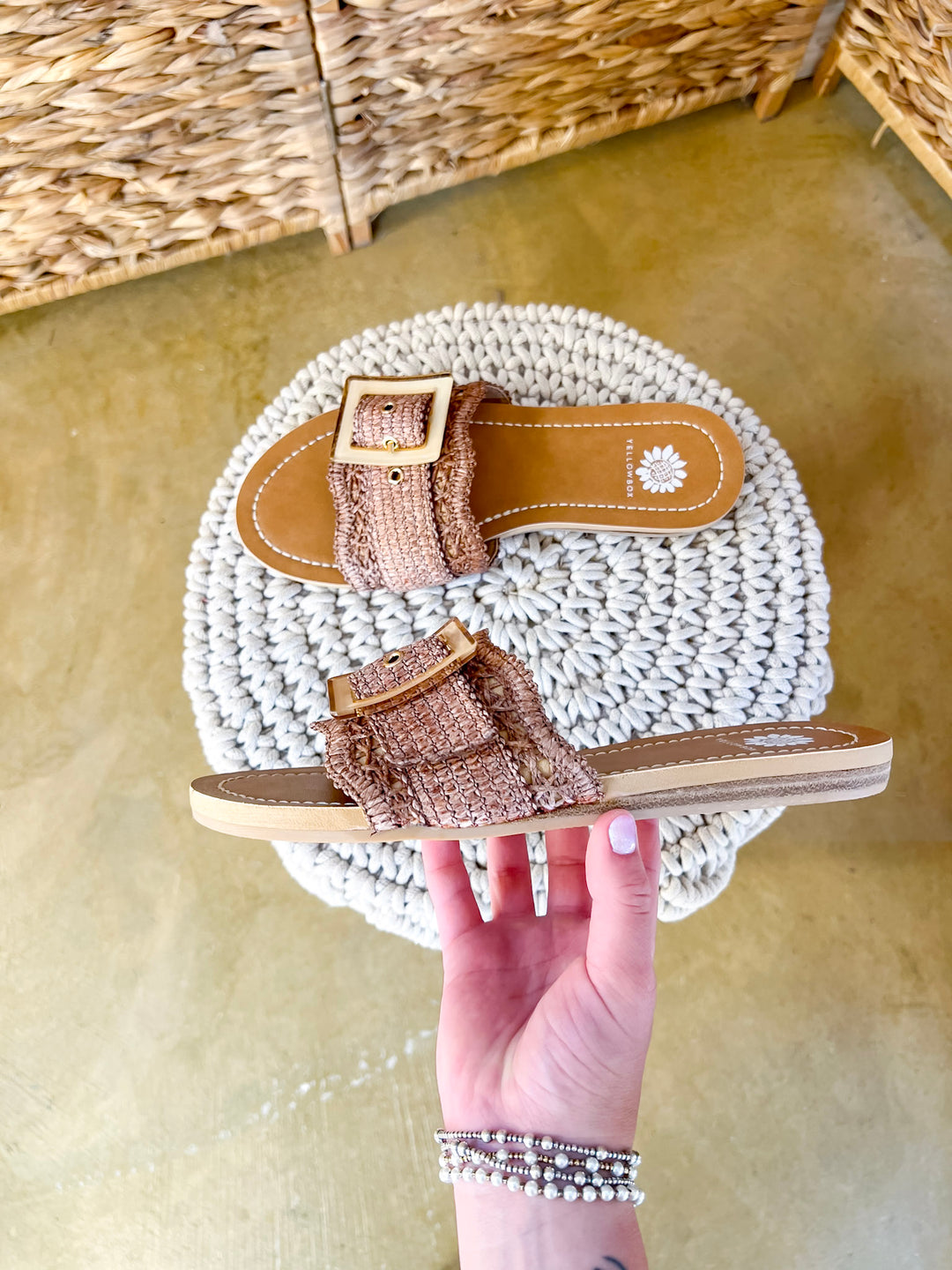 Yellow Box | Hamlyn Raffia Buckle Slide Sandals in Tan