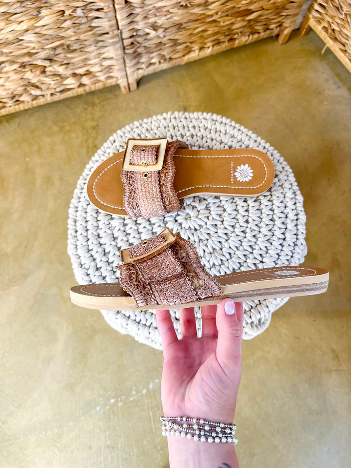 Yellow Box | Hamlyn Raffia Buckle Slide Sandals in Tan