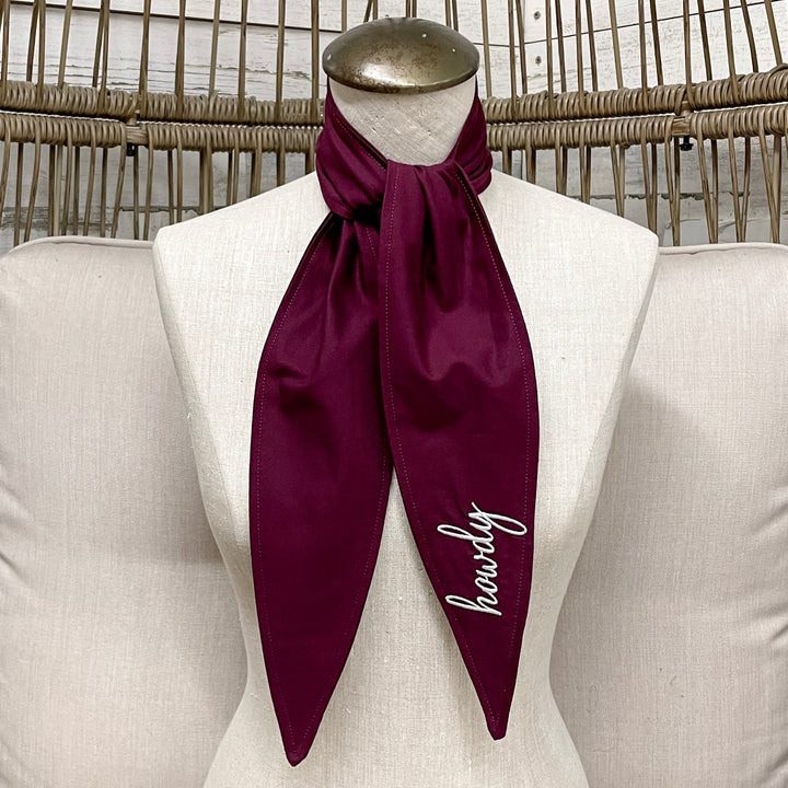 Howdy Embroidered Ascot Scarf in Maroon