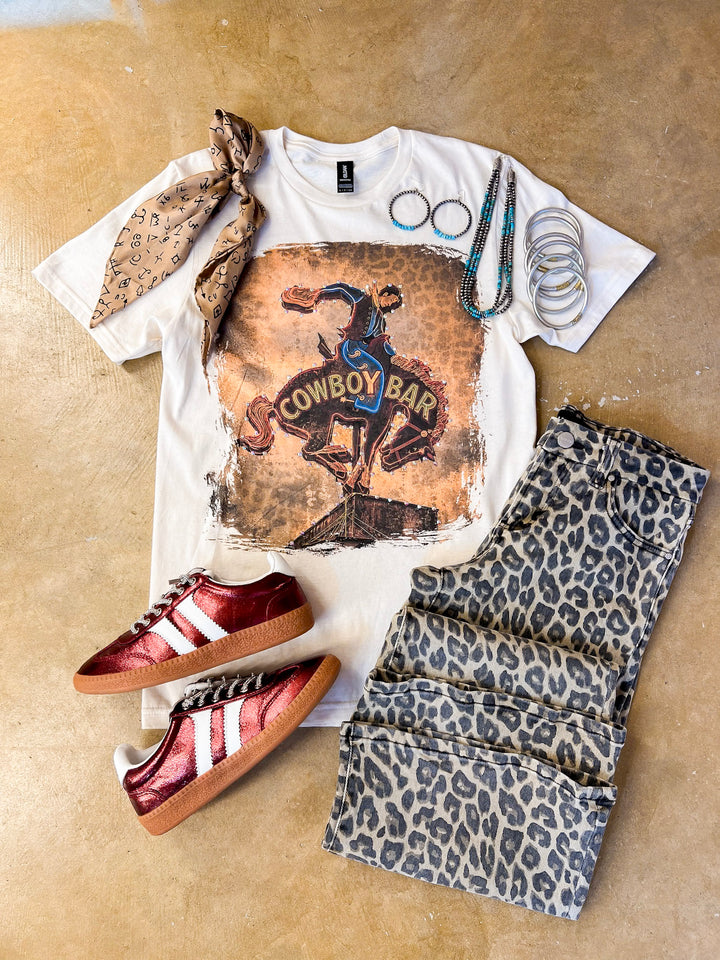 Cowboy Social Club Vintage Cowboy Bar Printed Short Sleeve Graphic Tee with Crystals in Cream