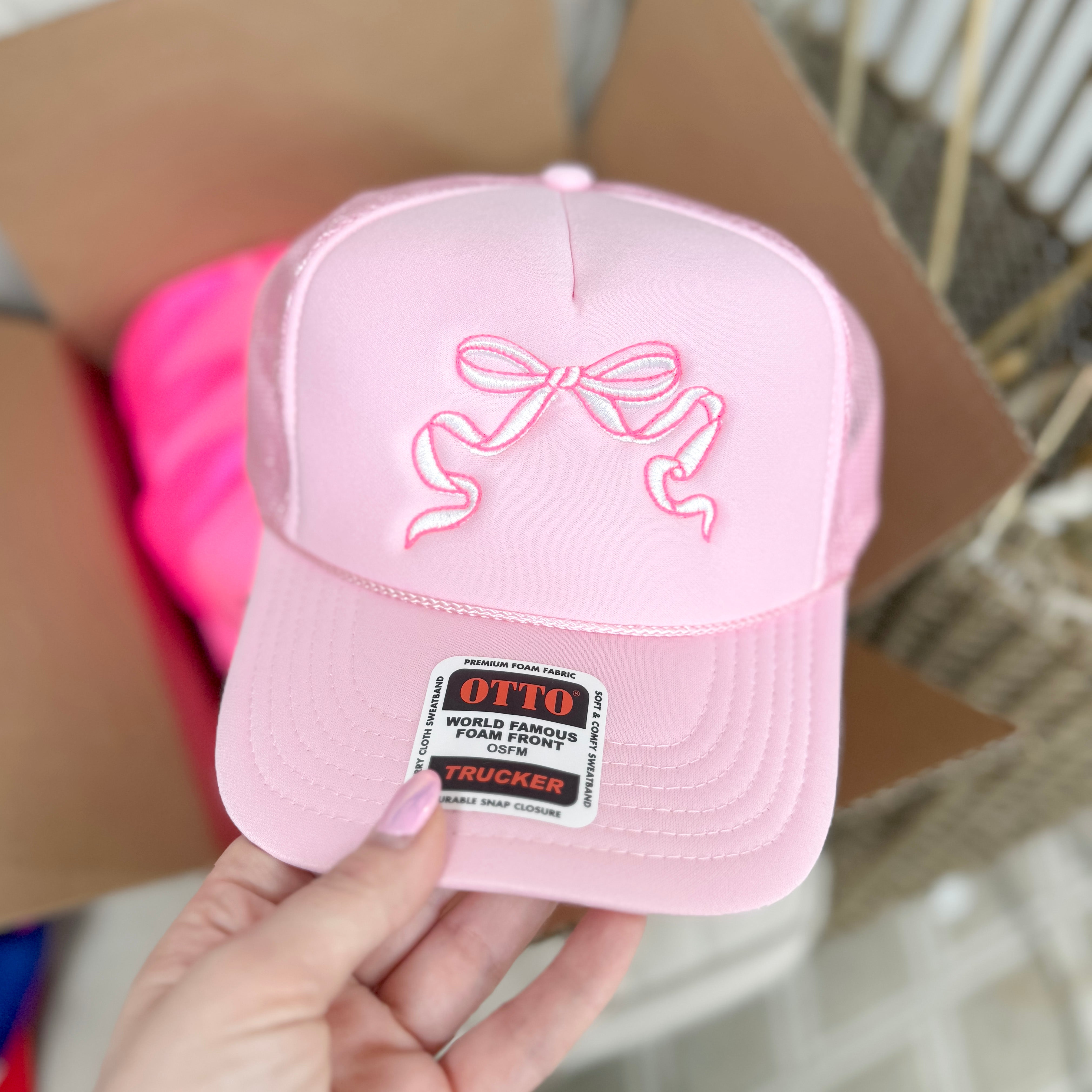 Embroidered Coquette Bow Foam Trucker Hat in baby Pink