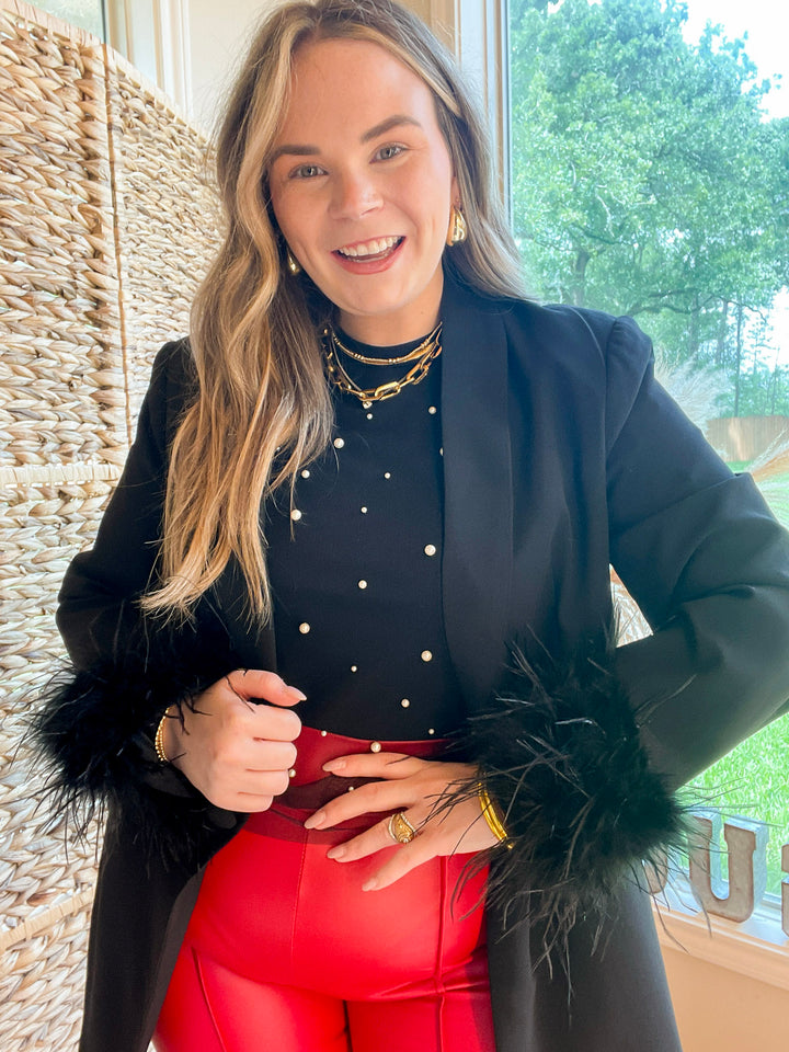 Shimmer in Style Mesh Long Sleeve Top with Pearls and Rhinestones in Black - Giddy Up Glamour Boutique