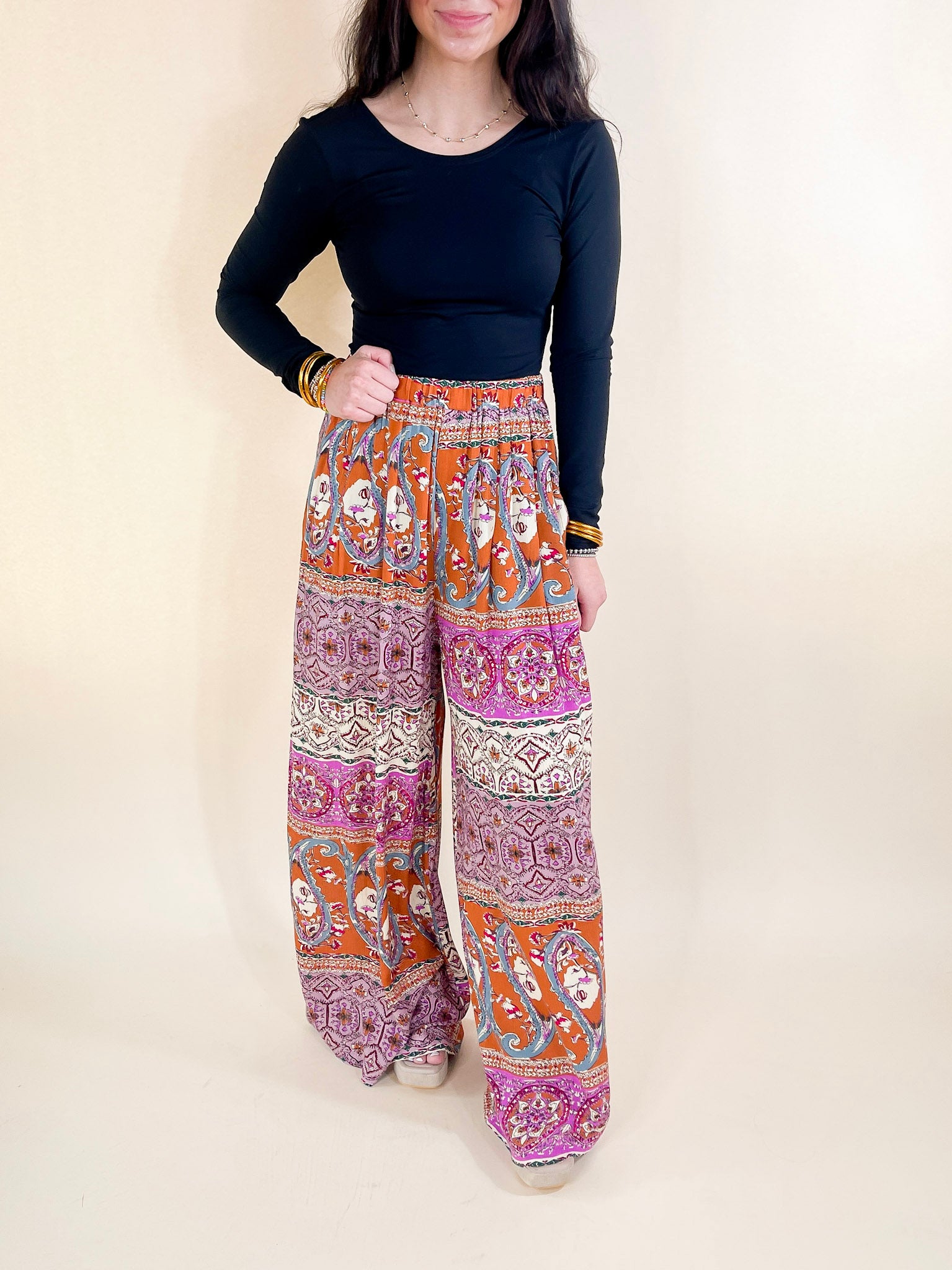 Slight Change Elastic Waist Floral Print Wide Leg Palazzo Pants in Rust Orange Mix