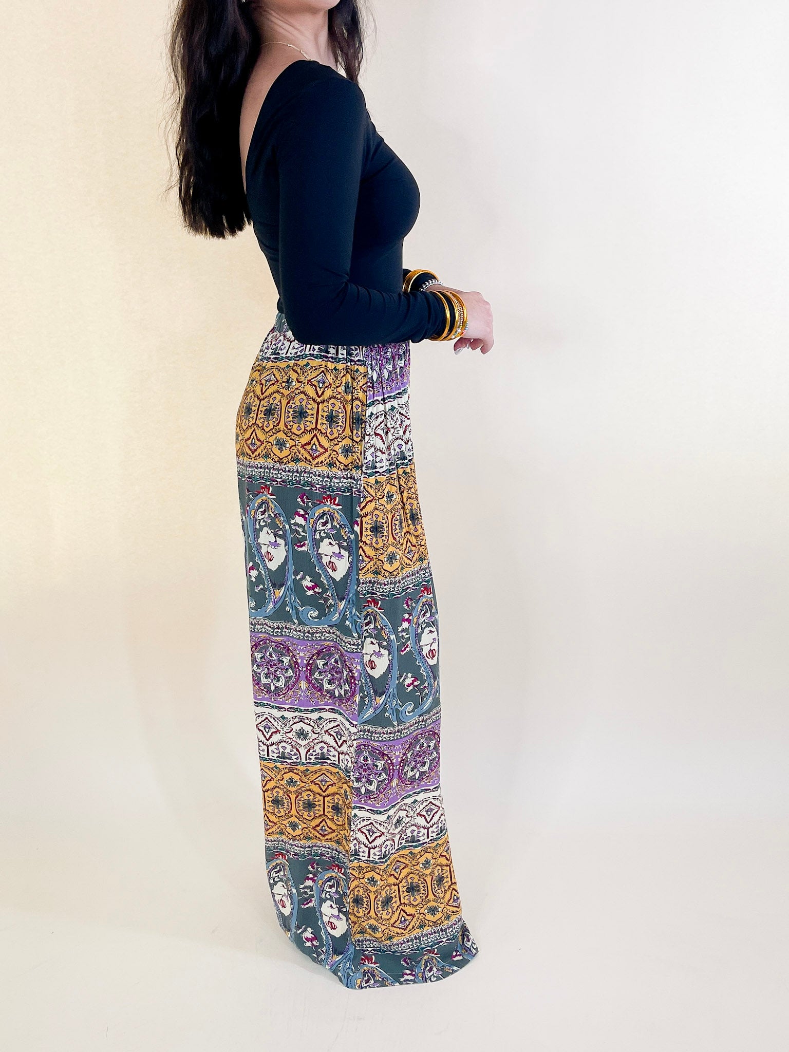 Slight Change Elastic Waist Floral Print Wide Leg Palazzo Pants in Green Mix