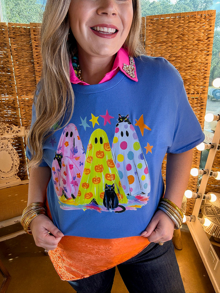 The Boo Crew Colorful Ghost Printed Halloween Graphic Tee in Periwinkle Blue