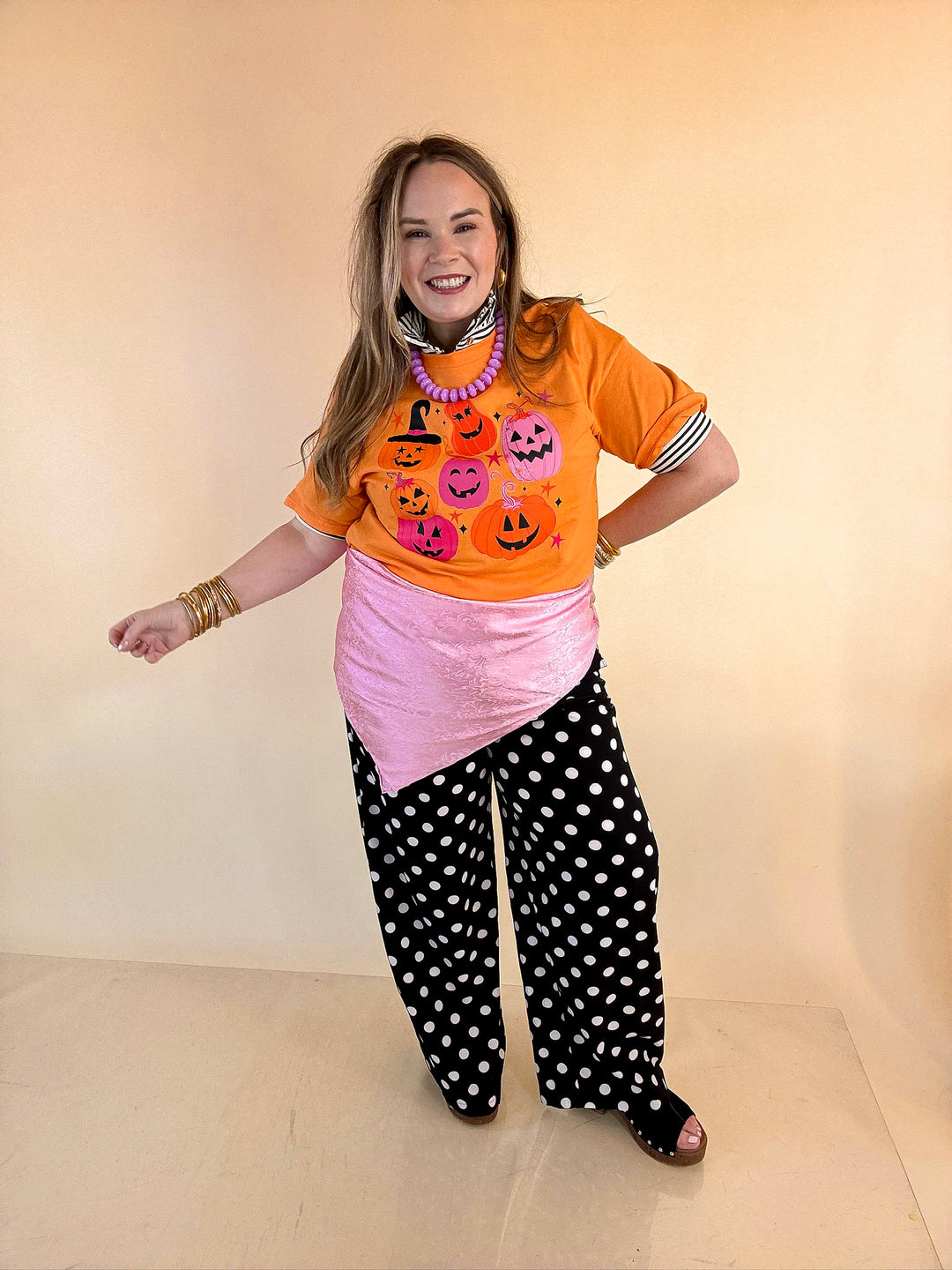 Up to No Gourd Pink &amp; Orange Jack-O’-Lantern Halloween Graphic Tee in Orange