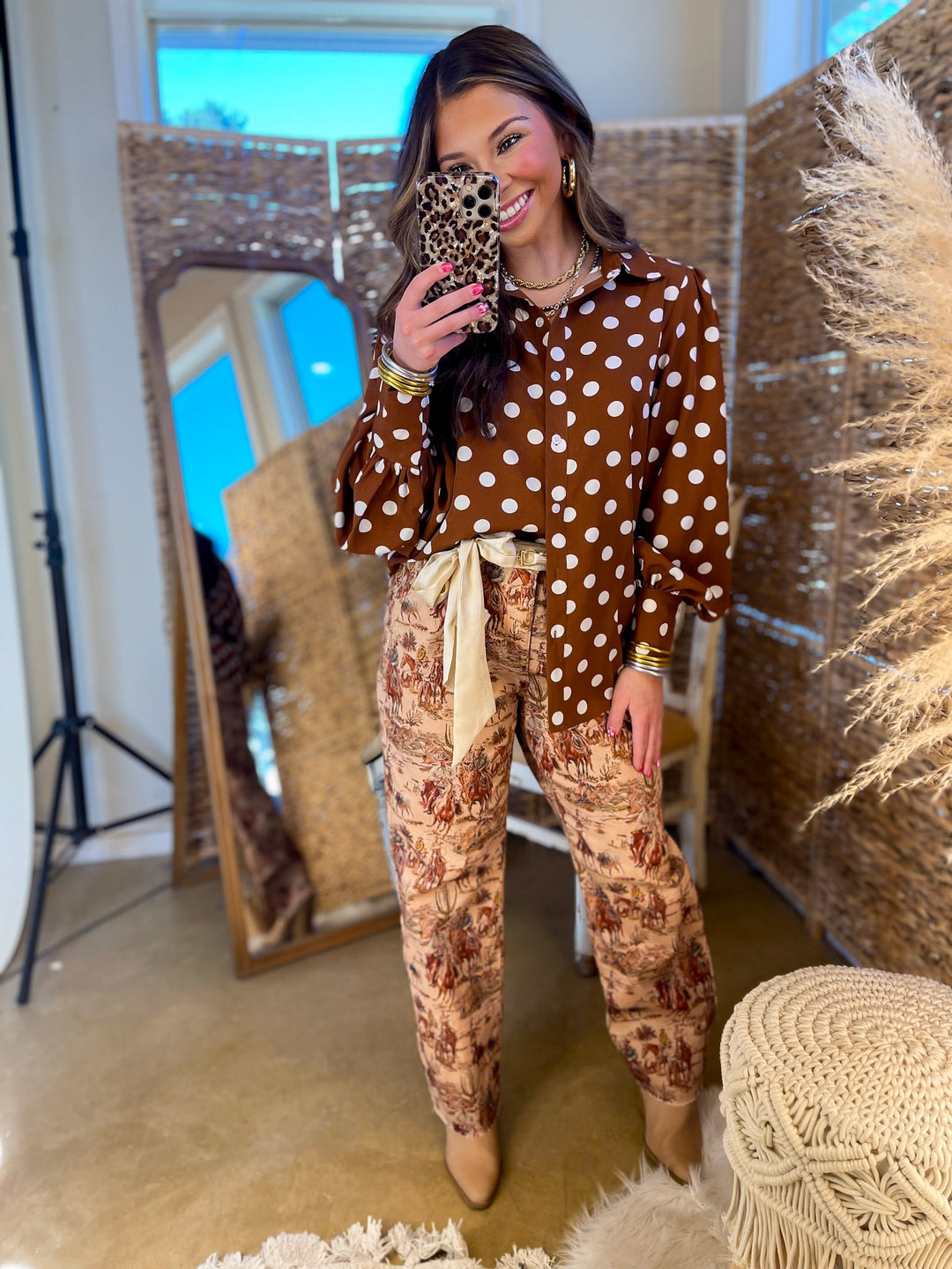 Story of the West Straight Leg Raw Hem Western Print Pants in Taupe Brown