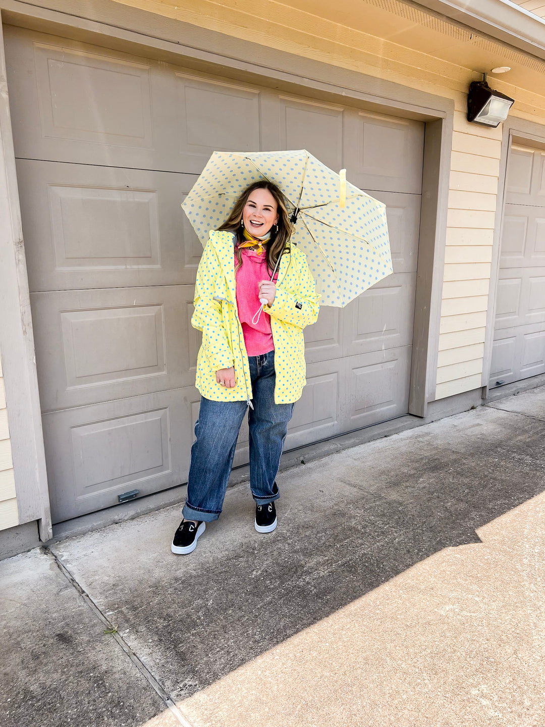 Lulu Mac | Chic Forecast Turquoise Blue Polka Dot Hooded Rain Jacket in Yellow