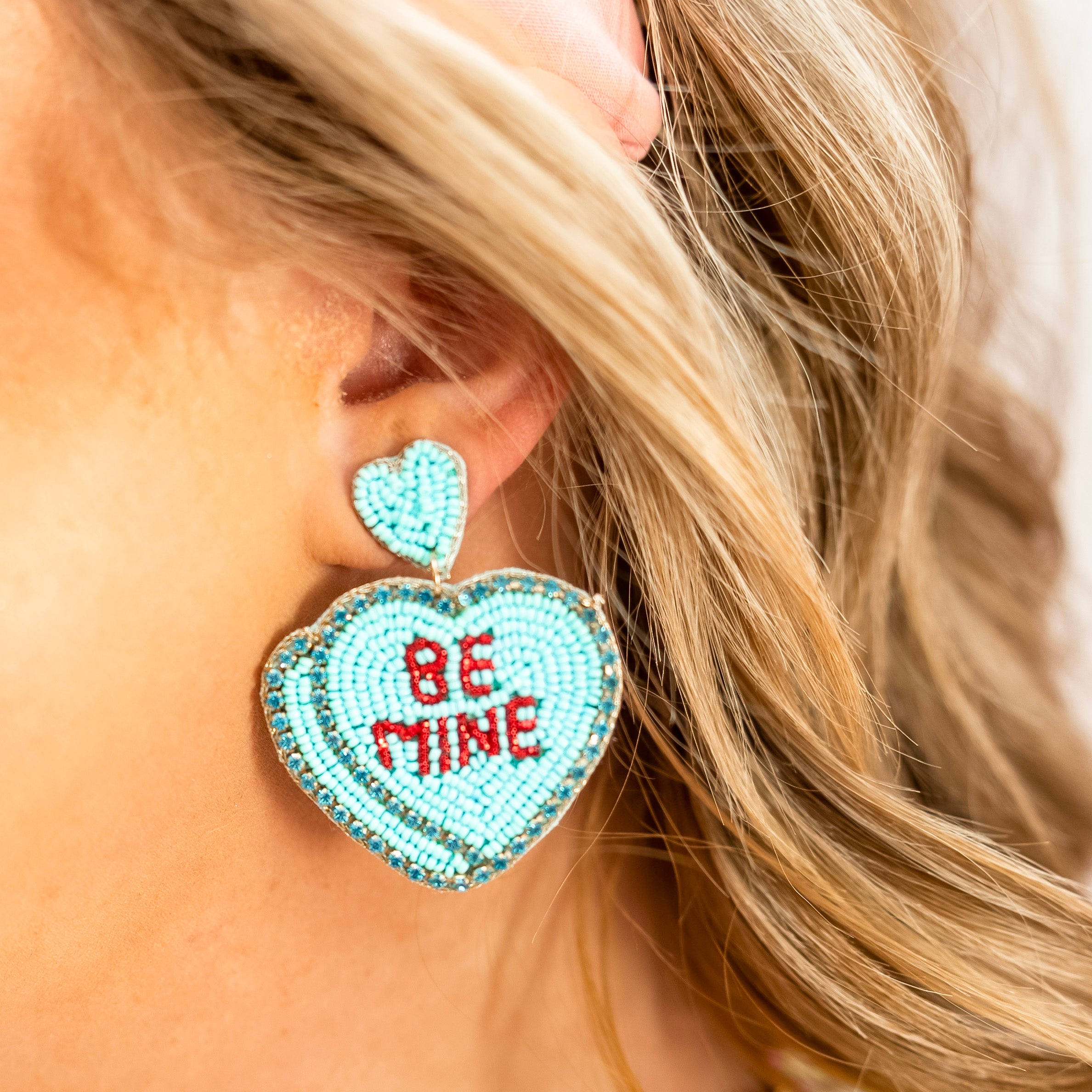 Be Mine Beaded Conversation Hearts Earrings in Light Blue - Giddy Up Glamour Boutique