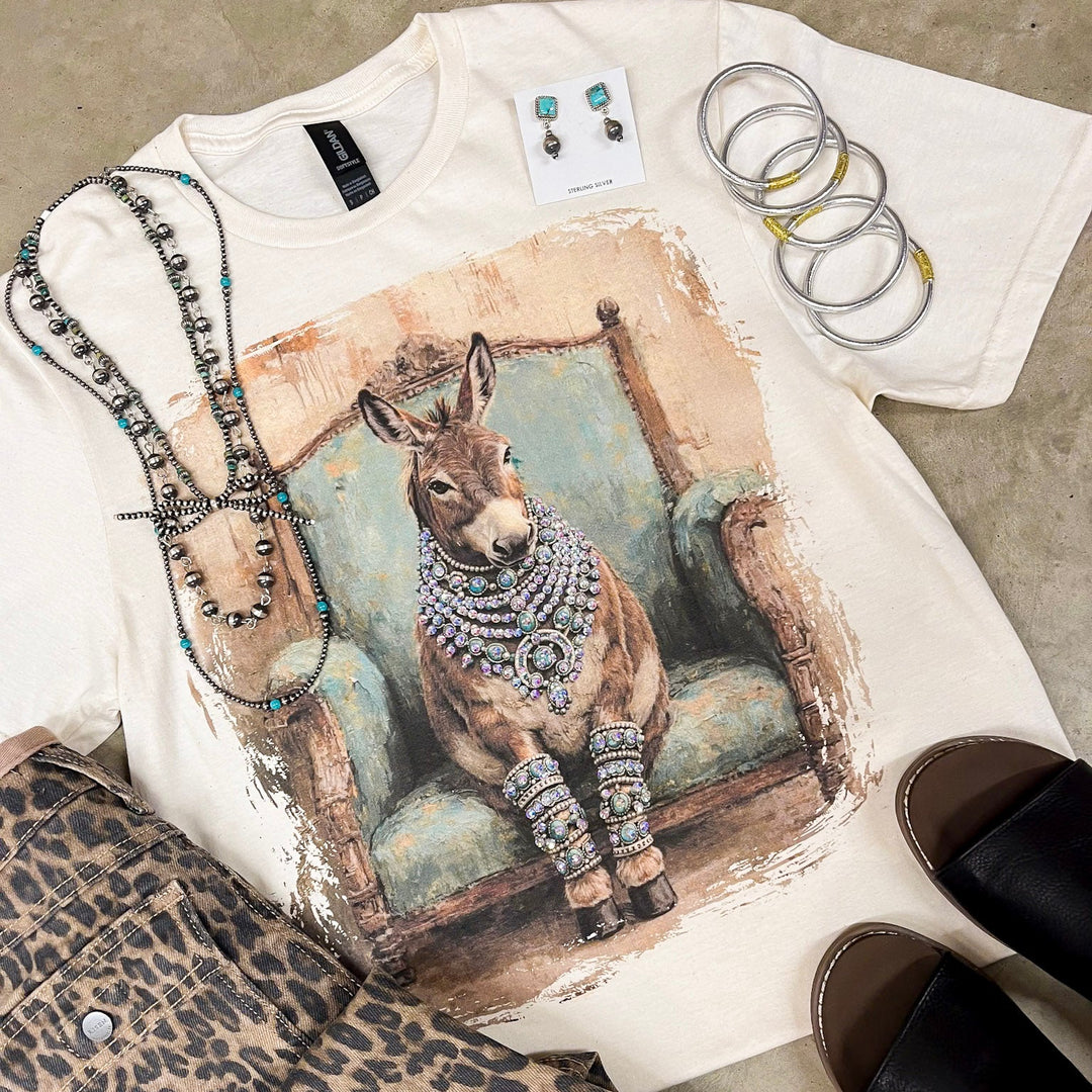 Turquoise Tilly Glam Turquoise Blue Donkey Short Sleeve Graphic Tee with Crystals in Cream