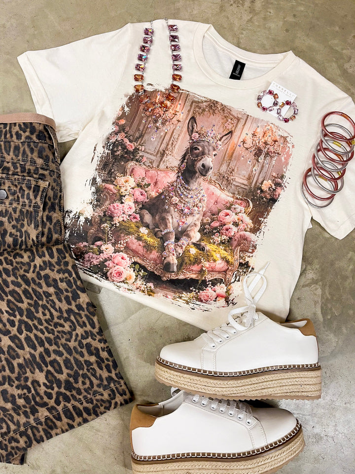 Queen Sassy Glam Pink Floral Donkey Short Sleeve Graphic Tee with Crystals in Cream