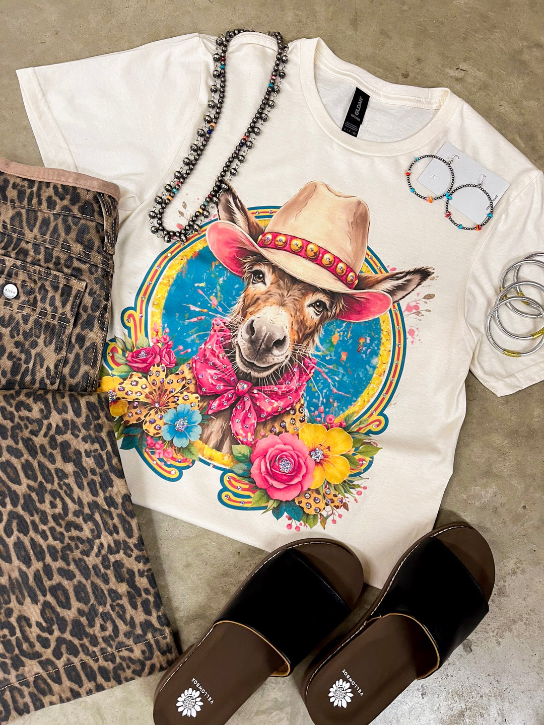 Sally Sue Western Colorful Donkey Short Sleeve Graphic Tee with Crystals in Cream