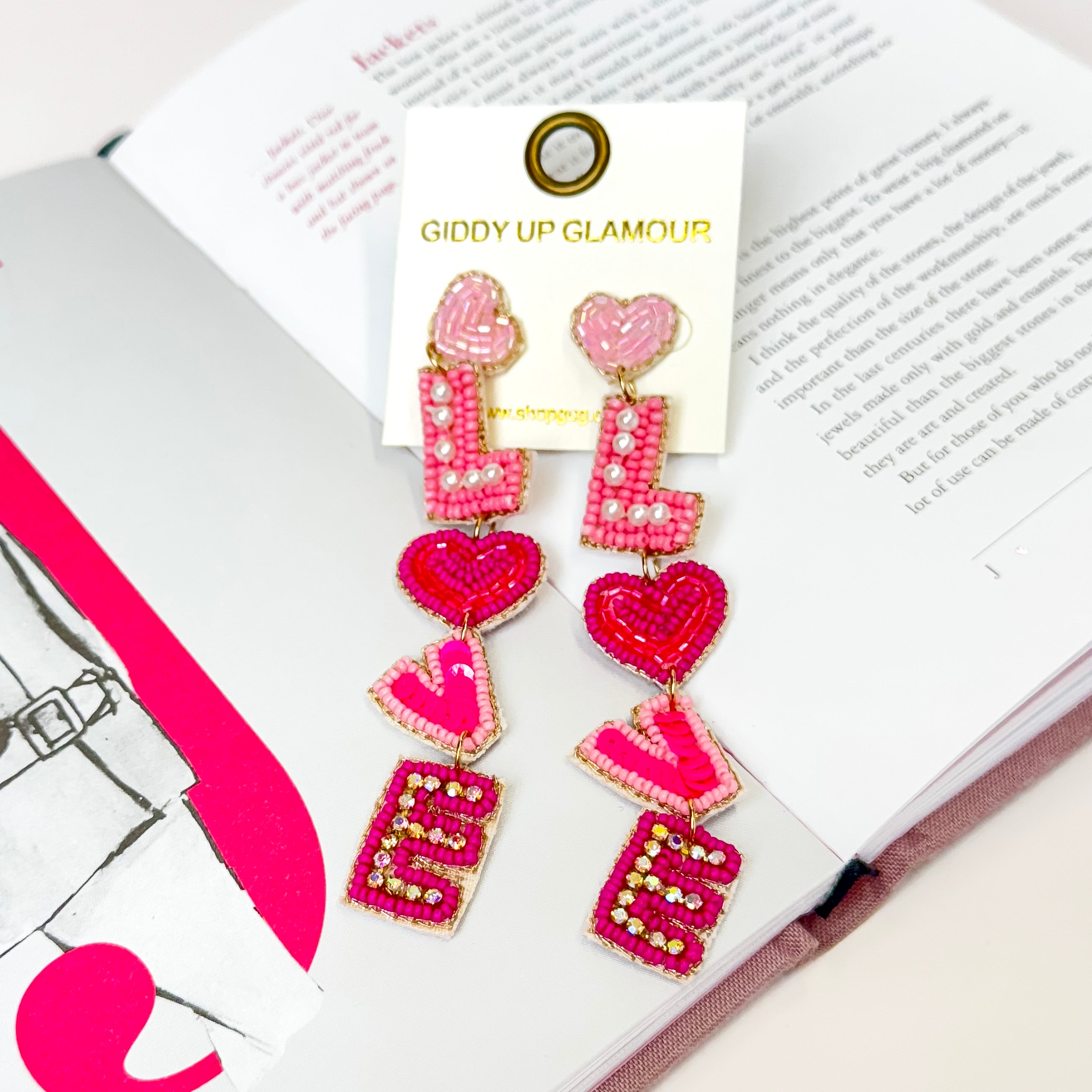 Beaded LOVE Dangle Earrings in Fuchsia Pink Mix - Giddy Up Glamour Boutique