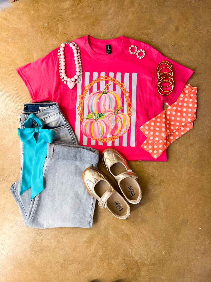 Fall in Full Color Stripe Watercolor Pumpkin Fall Graphic Tee in Hot Pink