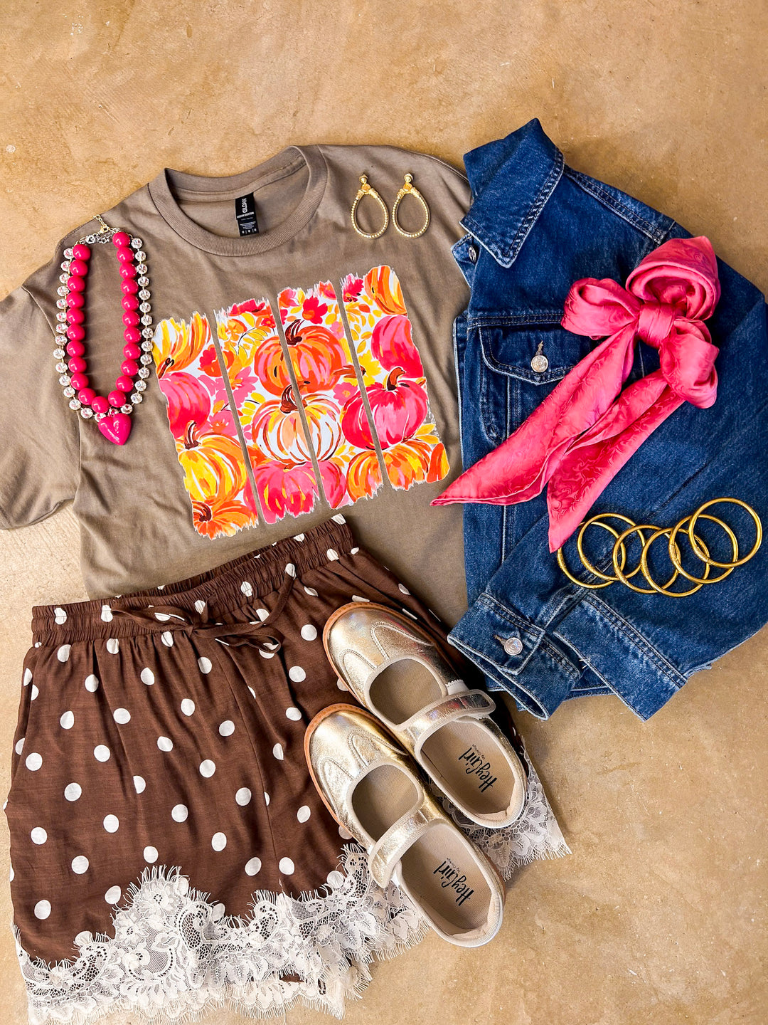 Art of the Season Painted Pumpkin and Floral Watercolor Stripes Fall Graphic Tee in Brown