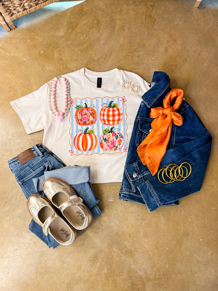 Prettiest in the Patch Stripe and Pumpkin Fall Graphic Tee in Natural