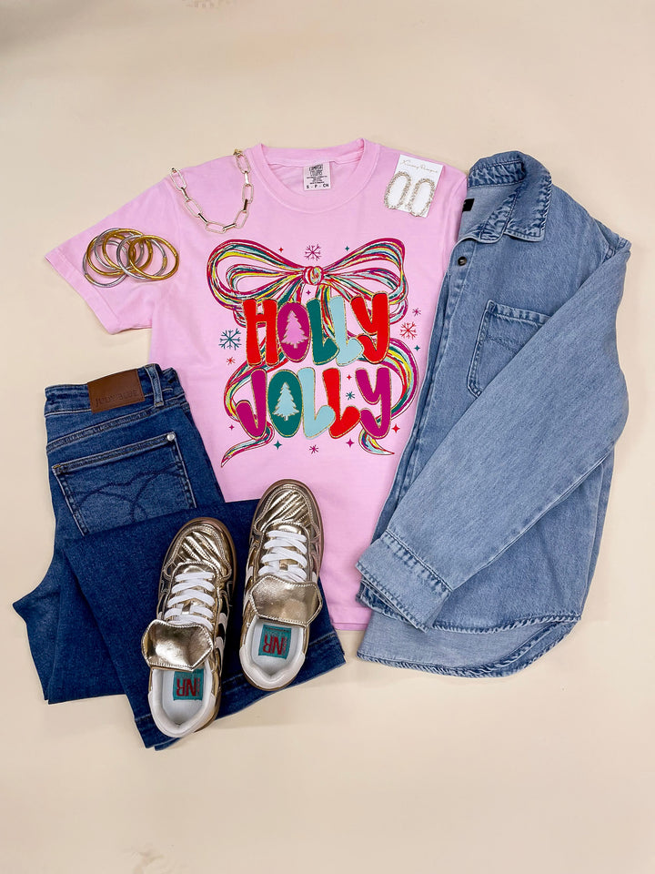 Last Chance Size 3XL | Holly Jolly Colorful Bow Christmas Graphic on Short Sleeve Comfort Color Tee in Pink - Giddy Up Glamour Boutique