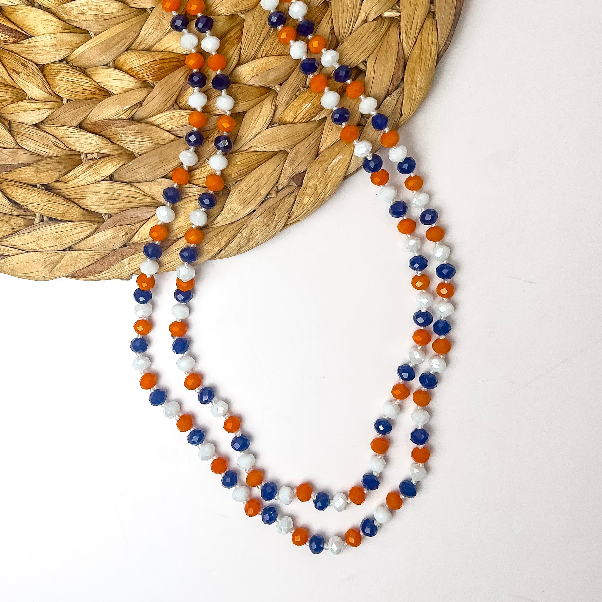 60 Inch Long Layering 8mm Crystal Strand Necklace in Orange, Blue, and White - Giddy Up Glamour Boutique