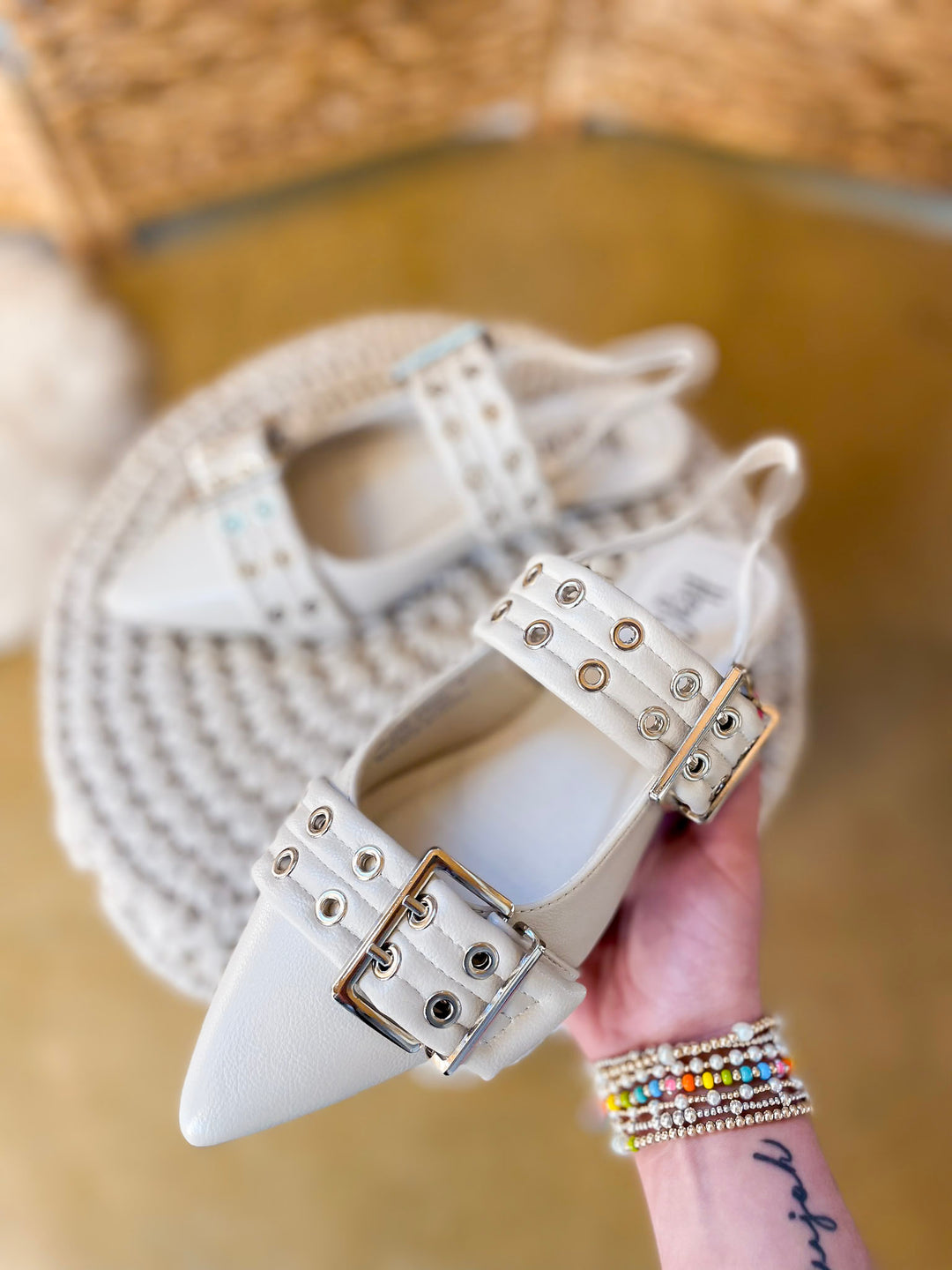 Corky's | On the Prowl Pointed Toe Buckle Slingback Mule Flat Sandal in Ivory